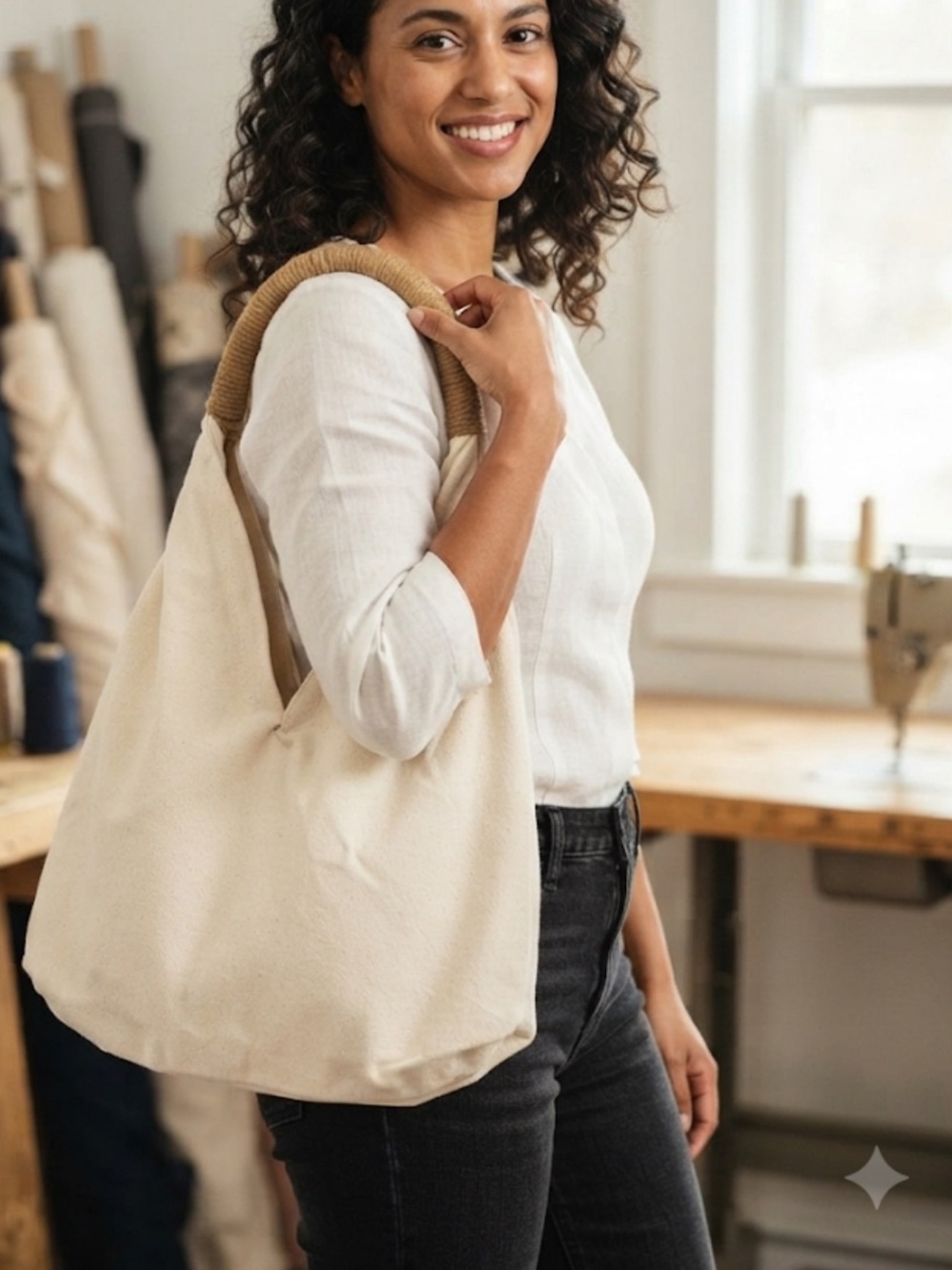 Cream Canvas Tote with Brown Wrapped Handle